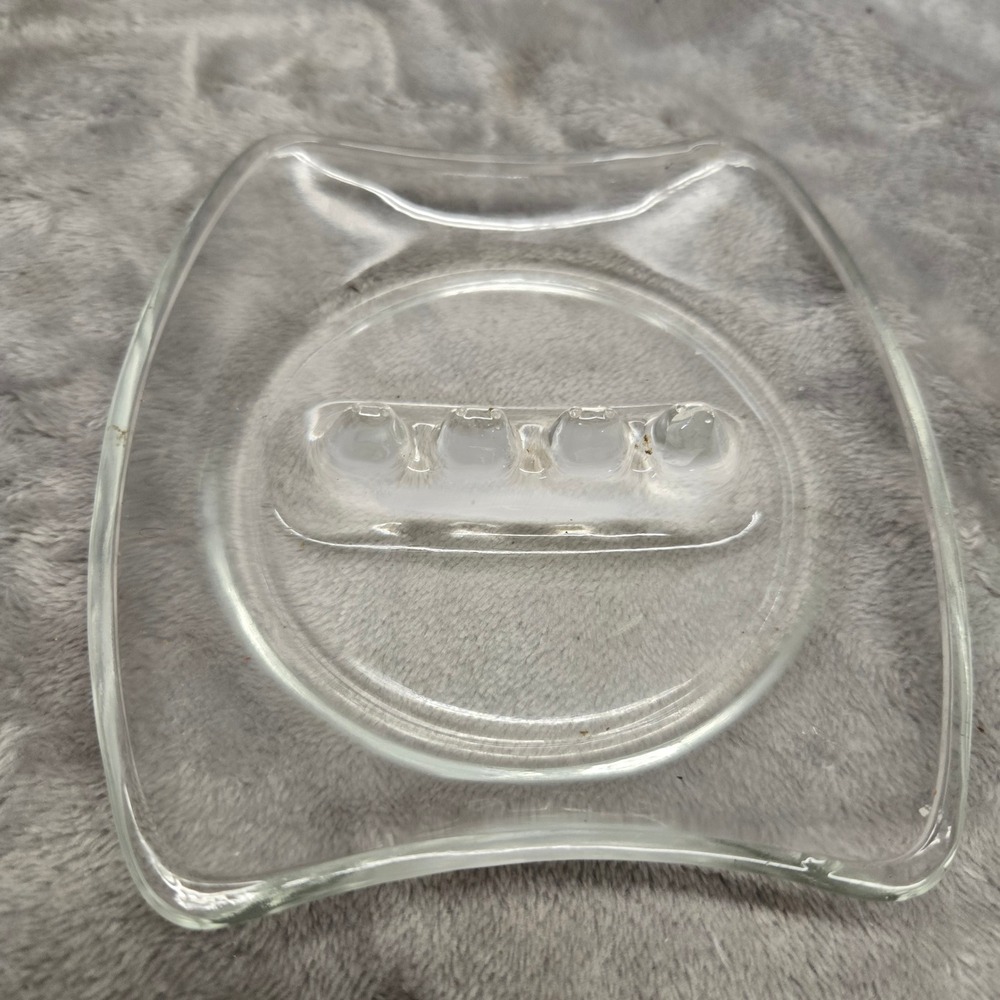 Vintage Clear Glass Ashtray Square Contoured 4 Slot Cigarette Rest MCM 5.25"
